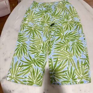 100% Linen Sigrid Olsen Women's 1X Pants Green Blue Nature Print Wide-Leg